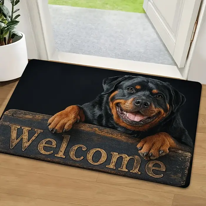 Paillasson « Bienvenue Canin » – Chien accueillant se faisant frincer les oreilles derrière une plaq