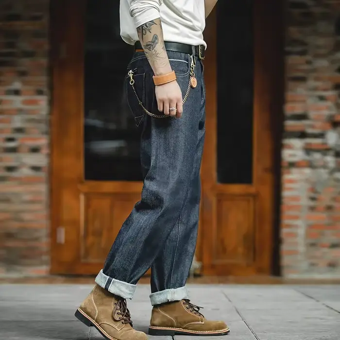 Maden Vintage 13.5oz jean en Denim lourd lavé droit taille moyenne pantalon hommes Indigo lisière je
