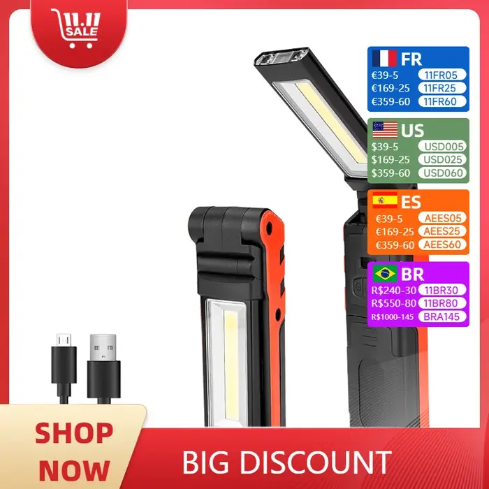Lampe de travail LED COB à intensité variable, lampe de poche Rechargeable par USB, lampe d'inspecti