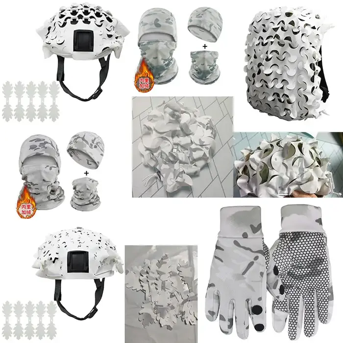 Kit camouflage hiver neige blanc tactique 3D - Couverture casque bandes tissu écharpe gants bonnet