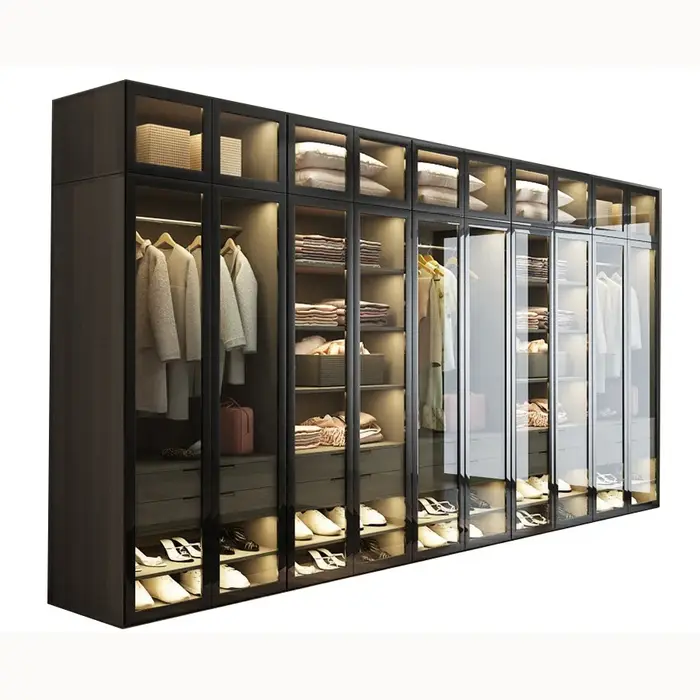 Designs modernes de dressings avec portes en verre, meubles de chambre à coucher avec tiroirs de ran
