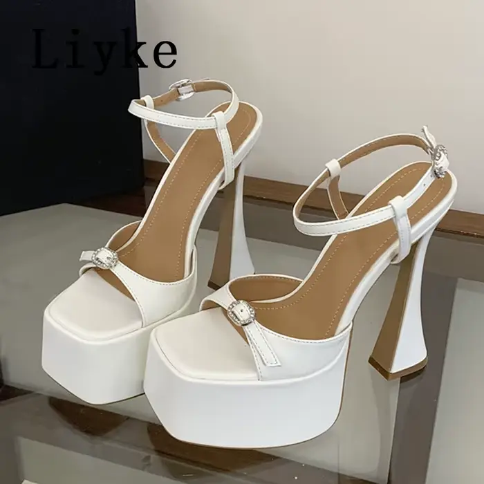 Liyke – sandales à plateforme avec boucle en cristal pour femmes, chaussures à talons hauts blancs à