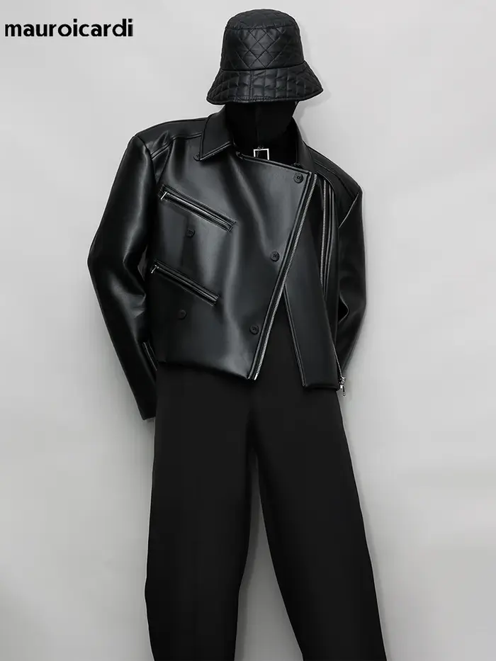 Mauroicardi-Veste en cuir PU pour homme, manches longues, col montant, vêtements de créateur de luxe