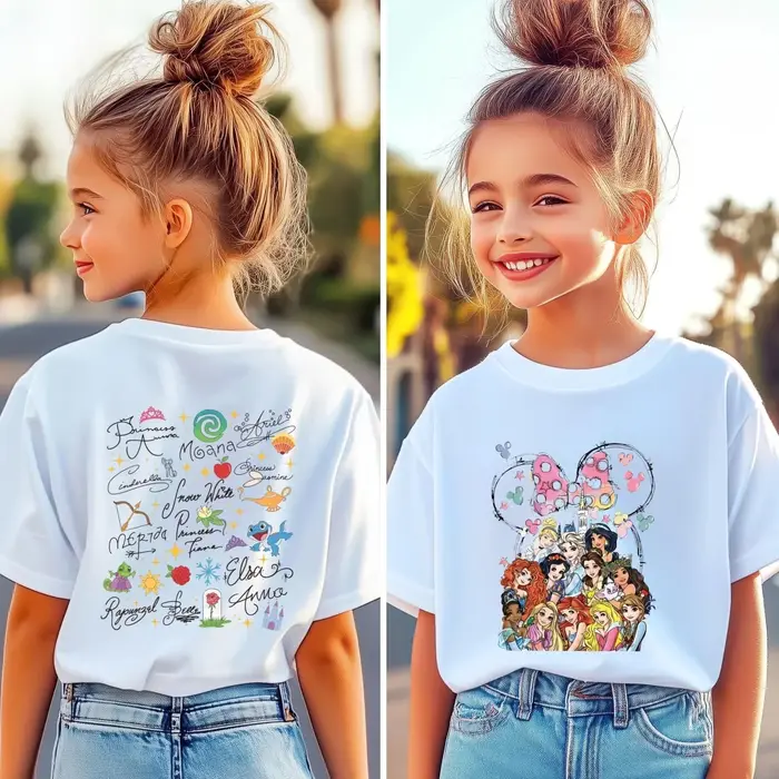 T-shirt à manches courtes pour enfants et adultes, printemps, princesse Disney, rétro, imprimé Doubl