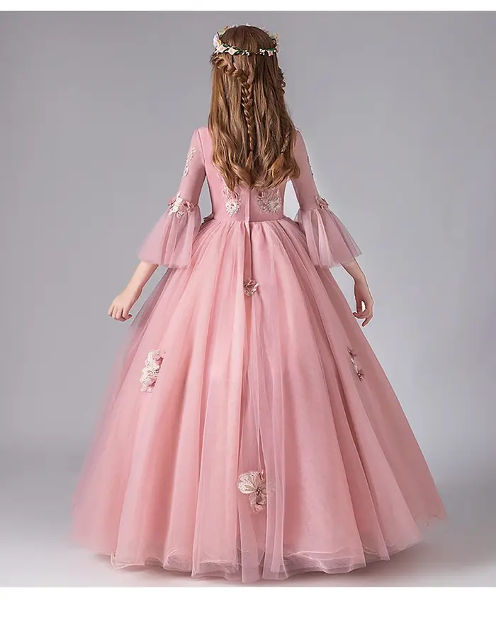 Robe de Demoiselle d'Honneur en Dentelle Rose pour Enfant, Tenue de Princesse à Manches Évasées, de 
