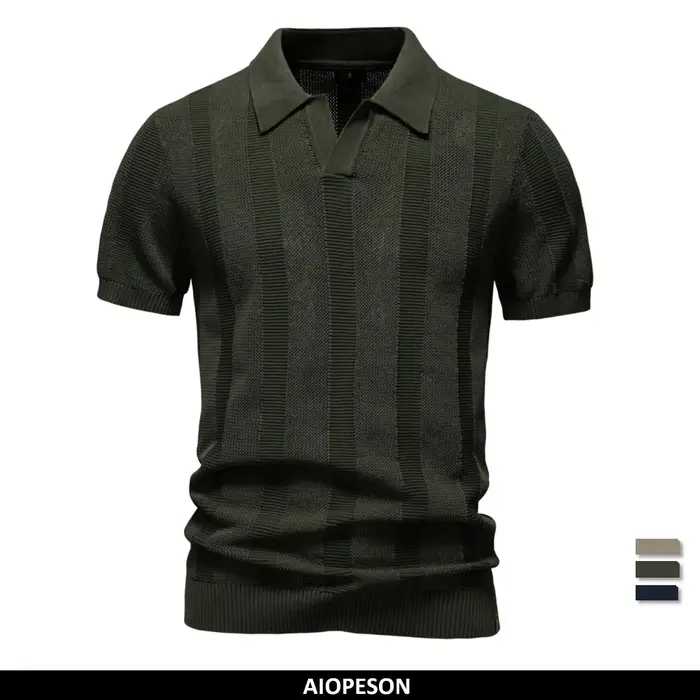AIOPESON 2025 Polo en maille unie et rayée pour homme – Haut décontracté en tricot respirant avec co