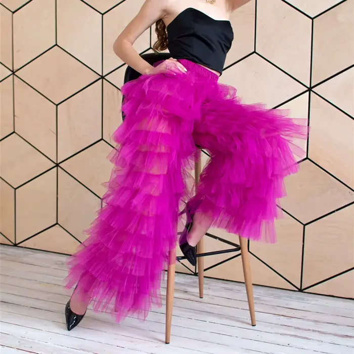 Pantalon en maille de tulle pour femme, pantalon à volants multicouches pour femme, taille haute, te