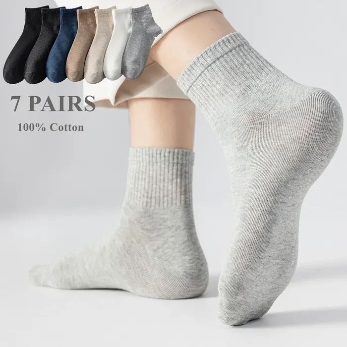 Lot 7 paires chaussettes chasse 100% coton - Bas unisexes noir blanc gris - Qualité supérieure été automne