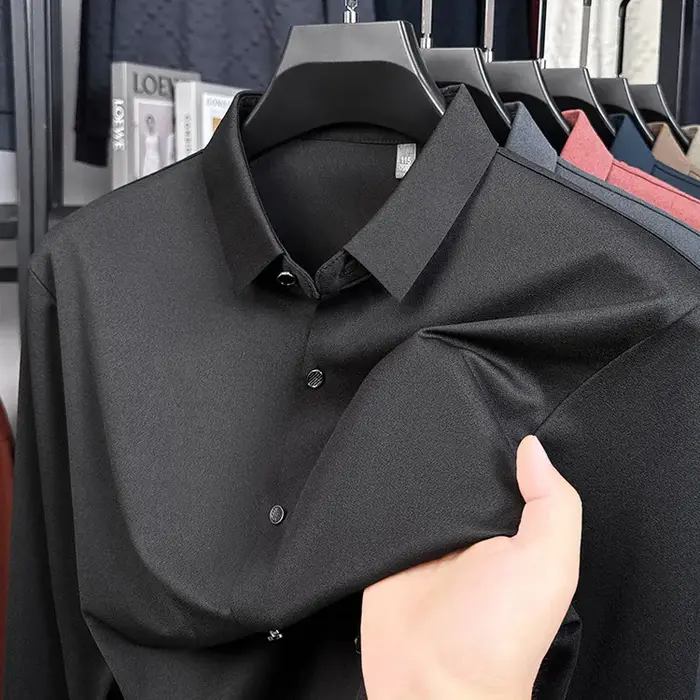 Chemise habillée en mélange de laine pour hommes, gris charbon de bois, technologie essentielle sans