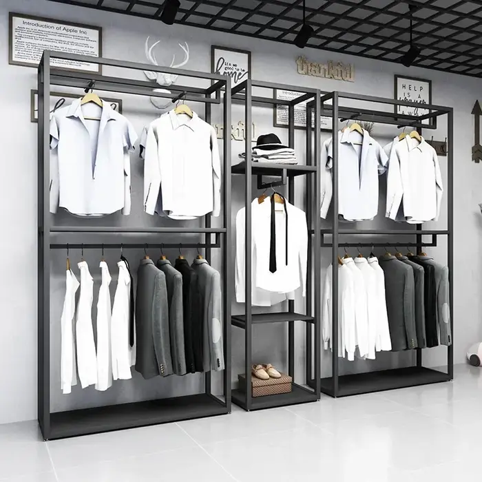 Étagère de présentation pour magasin de vêtements pour hommes, noire, double niveau, sur pied, pour 
