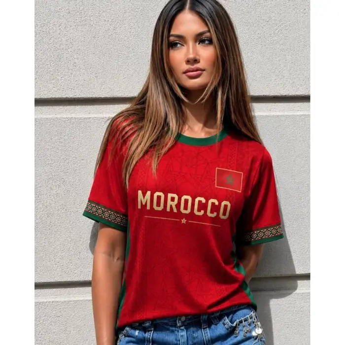 T-shirt de supporter de football avec drapeau du Maroc, col rond, manches courtes, respirant, séchag