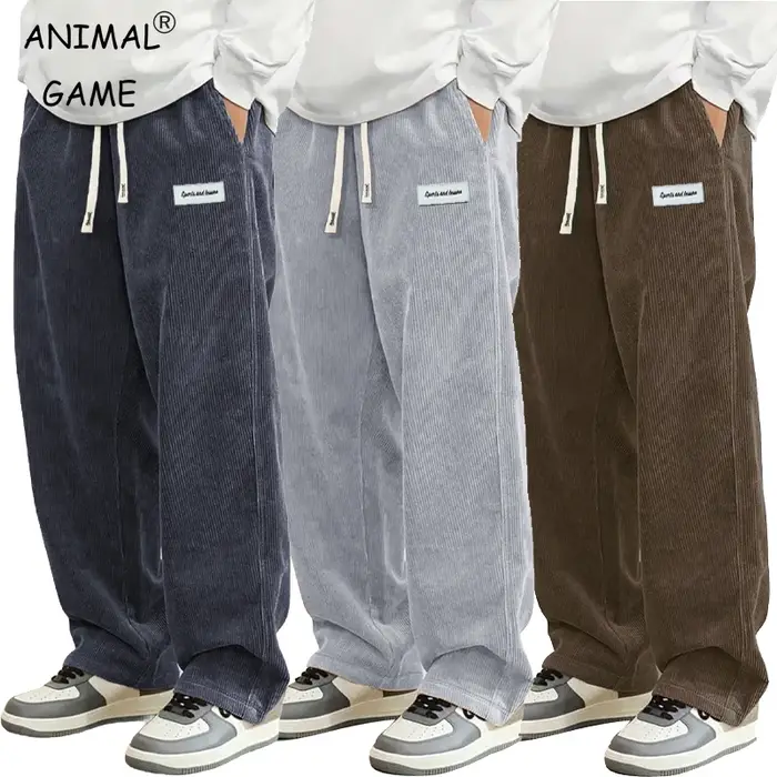 Pantalon décontracté en velours côtelé pour homme, coupe ample, droit, survêtement, taille élastique