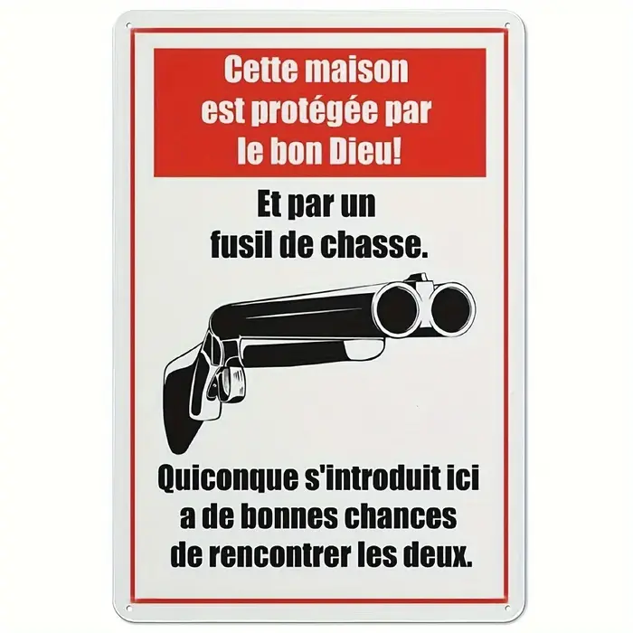 Panneau en aluminium vintage pour fusil de chasse « Ce maison est protégée par Dieu