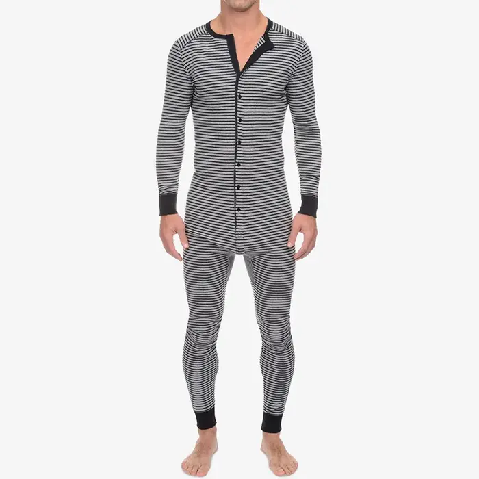 Ensemble pyjama une pièce rayé pour hommes, coupe cintrée, manches longues, sous-vêtements, nouvelle
