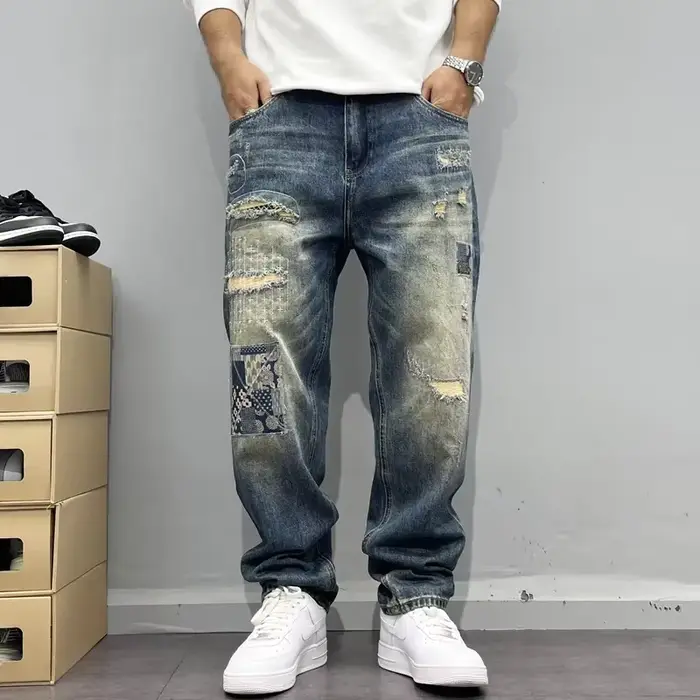 Jean Baggy Vintage en détresse Patchwork jean homme droit ample haute rue Hip-hop pantalons longs vê