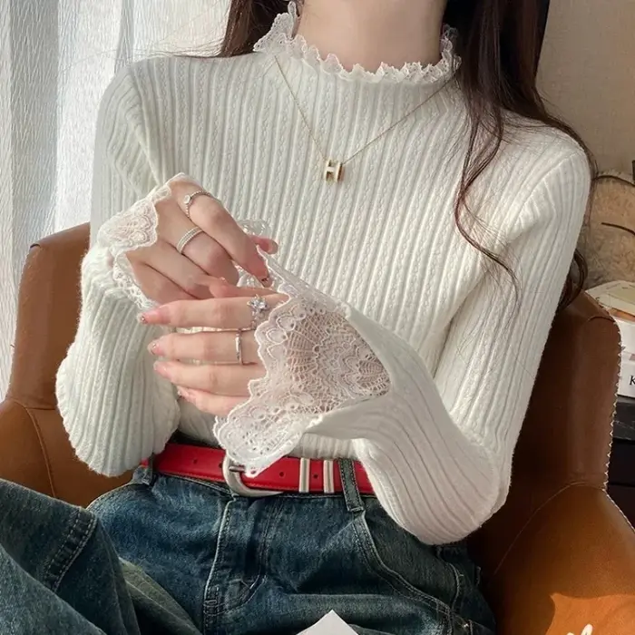 Nouveau Pull Col Montant Élastique en Maille Pour Femme Avec Dentelle Occasions Spéciales Automne Hiver