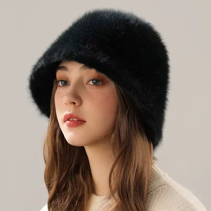Mode classique Angora lapin fourrure seau chapeau femmes tendance moelleux doux chaud chapeaux femme