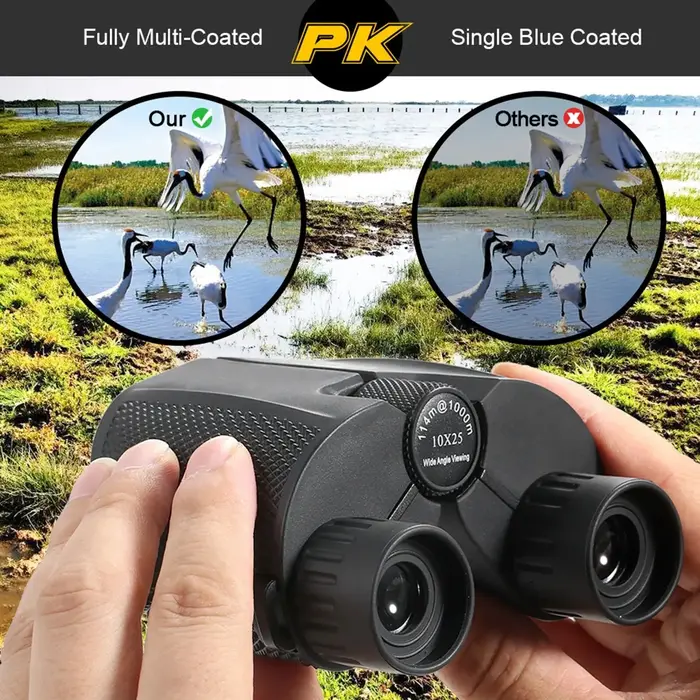 Jumelles 10x25 HD mini portables BAK4 FMC pour birdwatching, chasse, voyage et camping légers