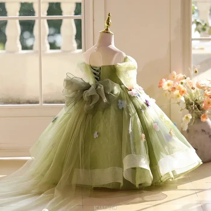 Robe de bal longue pour filles, vêtements floraux verts, robes de princesse d'anniversaire, tenue de