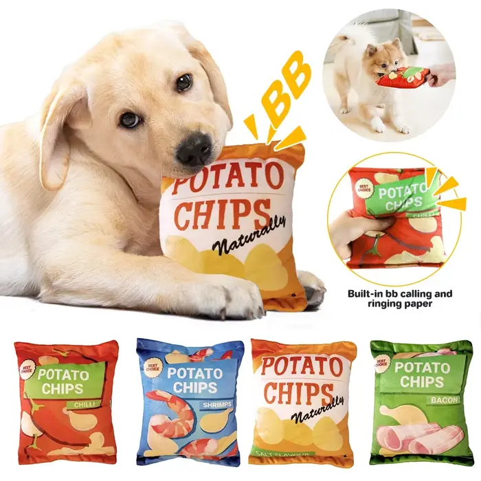 Jouet en peluche grinçante pour chien en forme de sac de chips, jouet alimentaire interactif pour chiots et chiens de petite et moyenne taille, occupe et amuse votre chien avec des sons amusants et des couleurs vives