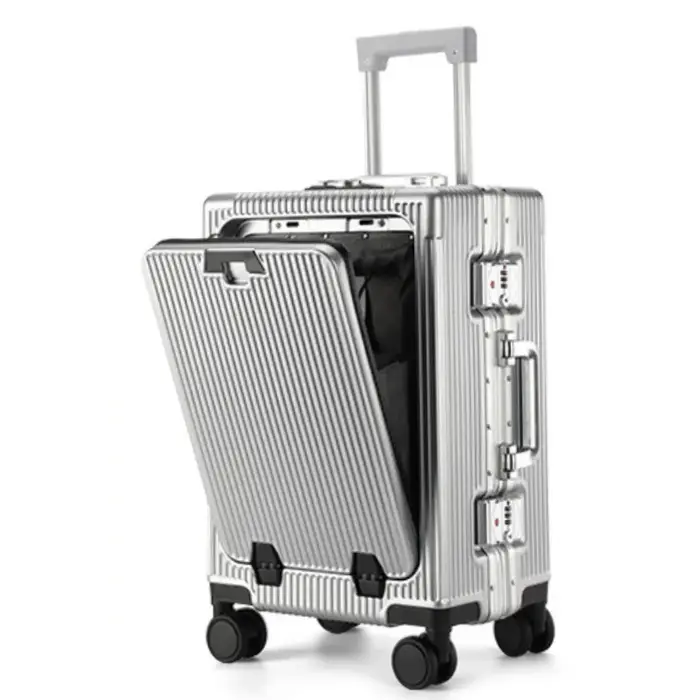 Valise de poche à ouverture avant, cadre en alliage d'aluminium, bagages roulants avec prise de char
