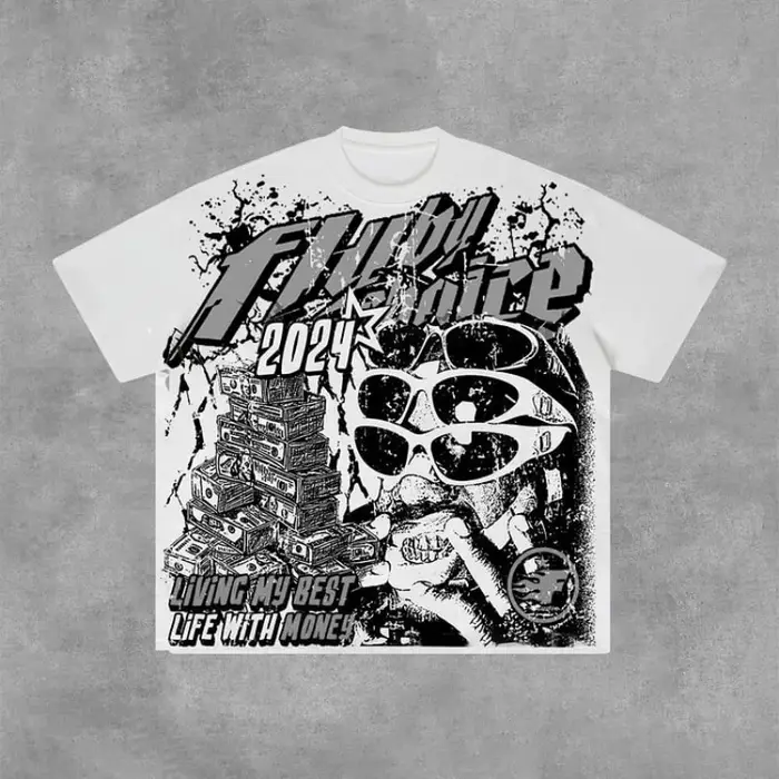 Fly By Choice Living My Best Life with Money Graphique 100% Coton T-Shirt Hommes Y2K Vintage Surdime