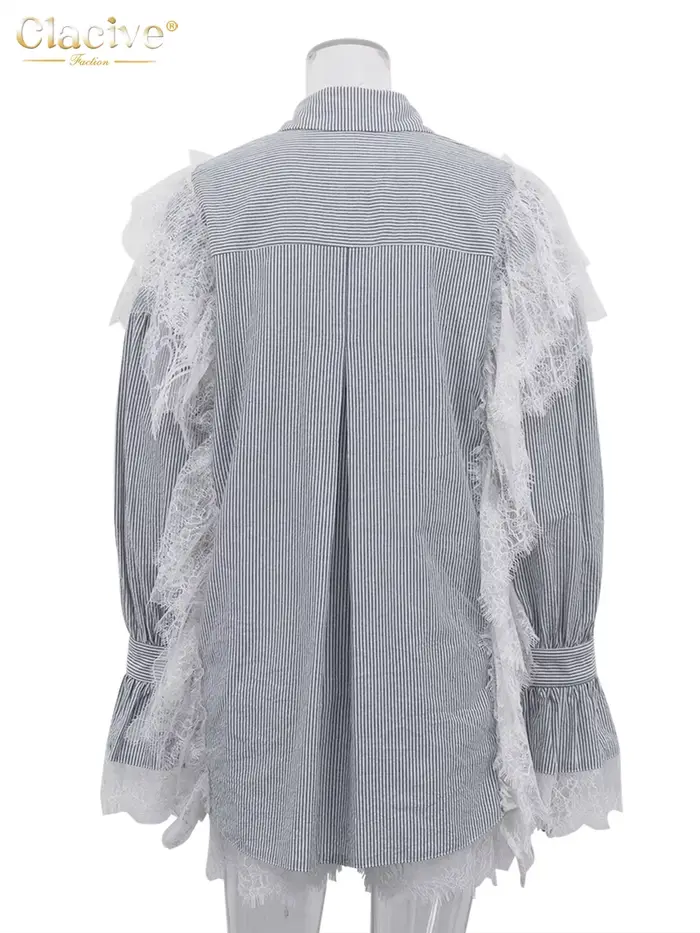 Clacive mode ample gris rayure dentelle épissé femmes deux pièces ensemble élégant à manches longues