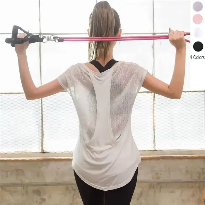T-shirt de sport à manches courtes pour femme, fitness, entraînement en Y, exercice, gym, musculatio