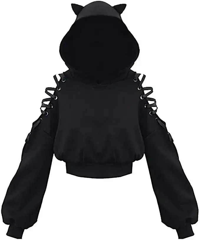 Sweat-shirt gothique à manches longues pour femmes, vêtements de couleur unie, ajouré, pull décontra