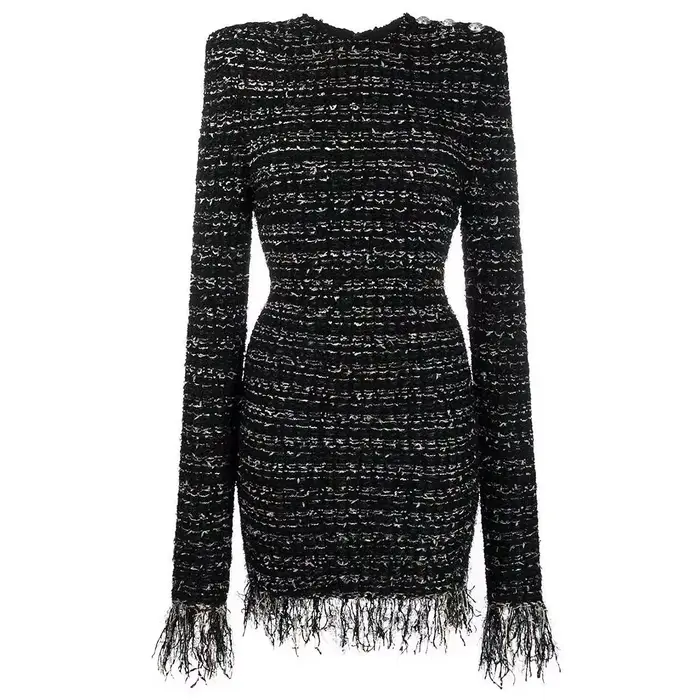 S-XL haute qualité mode nouvelle rayure élastique tweed tissu col rond manches longues frange dentel