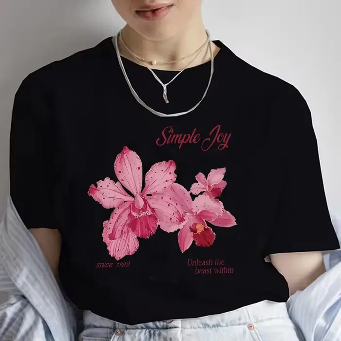 T-shirt vintage à imprimé floral pour femmes, t-shirt décontracté à manches courtes et col rond pour