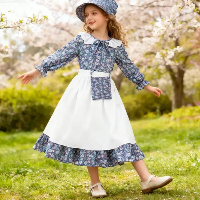 Costume de fête de carnaval pour filles, robe de princesse à fleurs pour enfants, robe pionnière des