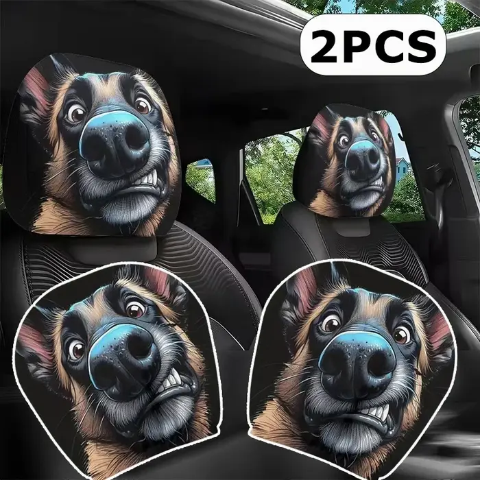 Housse d'appui-tête de voiture en polyester noir avec motif chien de berger pour confort intérieur quatre saisons style élégant