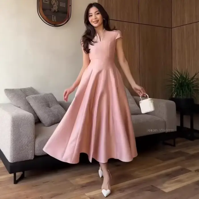 Hepburn Style élégant automne longue robe femmes col en v solide à manches courtes été Midi robes fo