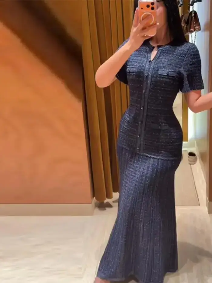 Robe longue slim en maille pour femme, à manches courtes, avec ourlet plissé, robe de soirée plissée