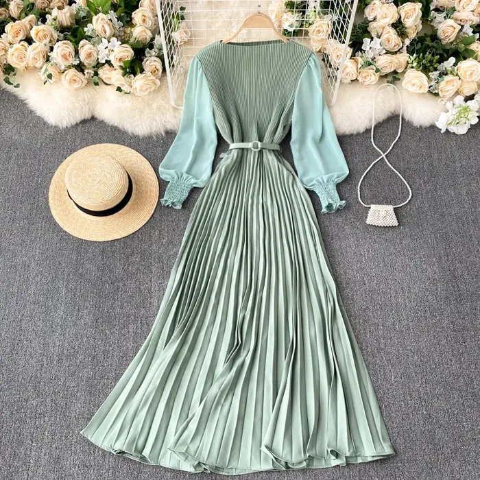 Robe longue élégante pour femmes, printemps et été, manches longues, ceinture plissée, jupe longue p