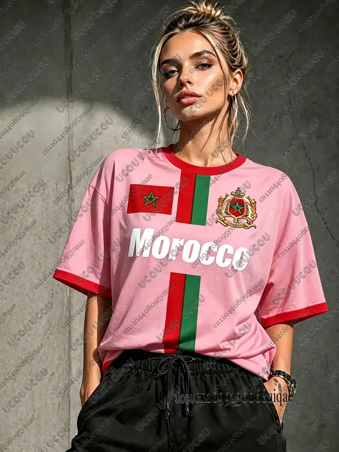 T-shirt de football Maroc 2026 pour femme, imprimé lettres rouges, manches courtes, maillot décontra