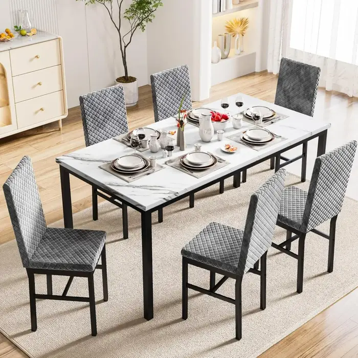 Ensemble de table à manger 7 pièces pour 6 personnes avec chaises en mousse de velours, ensemble de 