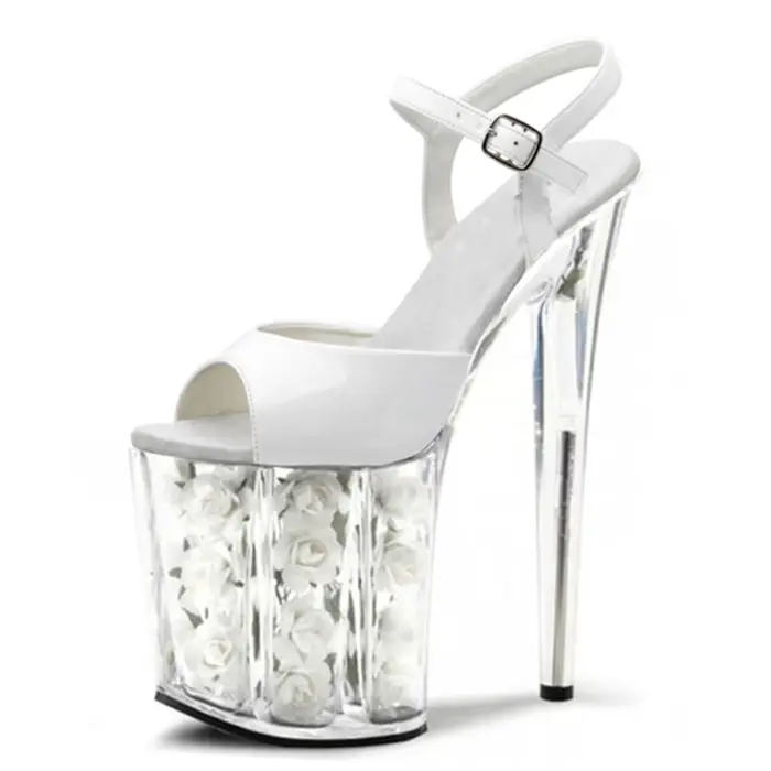 Chaussures de mariage à talons roses de 20CM, sandales à plateforme en cristal rouge avec fleurs fra