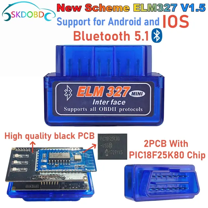 ELM327 Bluetooth 5.1 Mini ELM327 v1.5 avec puce PIC18F25K80 OBD2 Scanner de voiture outil de Diagnos