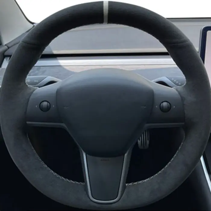 Housse de volant de voiture antidérapante, bricolage, cuir véritable, daim, tresse en cuir pour Tesl