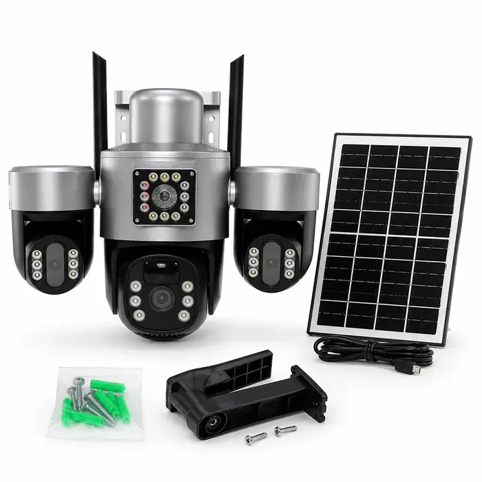 Caméra de sécurité solaire 4G à 3 objectifs et 3 écrans, extérieure, application V380, 6MP, PTZ, PIR