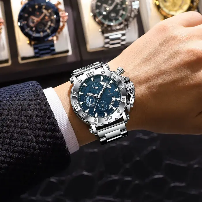 Montre POEDAGAR luxe pour homme - Chronographe étanche lumineux avec calendrier en acier inoxydable