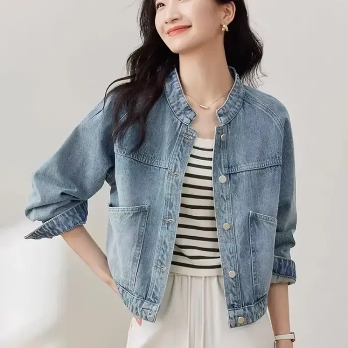 Veste en jean coréenne unie pour femme, manteau de cowboy, col montant, vêtements d'extérieur, nouveautés, chic et élégant, créateur Harajuku