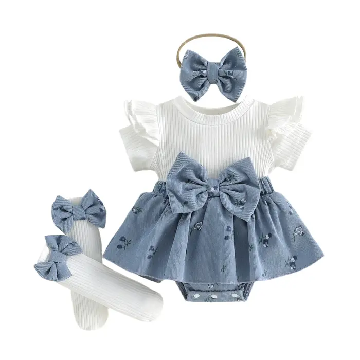 Vêtements pour bébé fille, tenues d'été, combinaison à manches courtes + chaussettes longues + bande