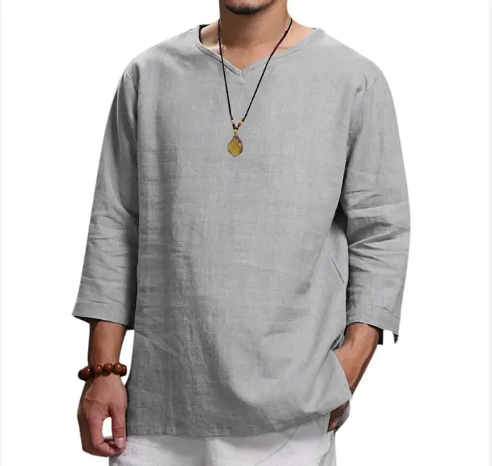 Chemise pull ample à manches 3/4 pour hommes, couleur unie, décontractée, grande taille, nouvelle co