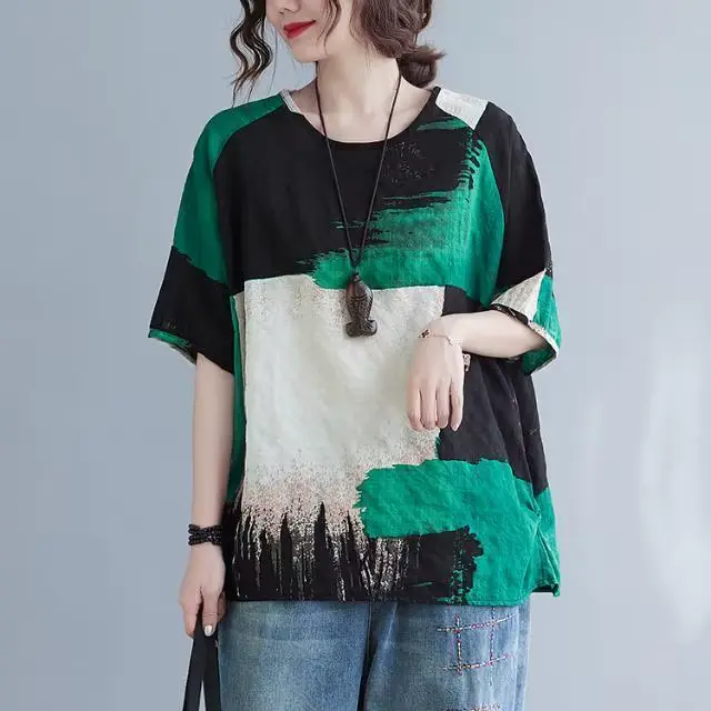 T-shirt à manches courtes pour femmes, vêtement d'été, nouveau Style rétro, ample, en coton et lin, 