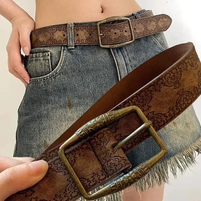 Ceinture de taille en cuir PU pour femme, ceinture assortie, motif rétro, imprimé environnemental, m