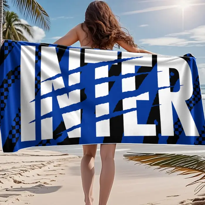 Serviette de plage en microfibre douce et à séchage rapide, bleu et noir à carreaux, avec impression