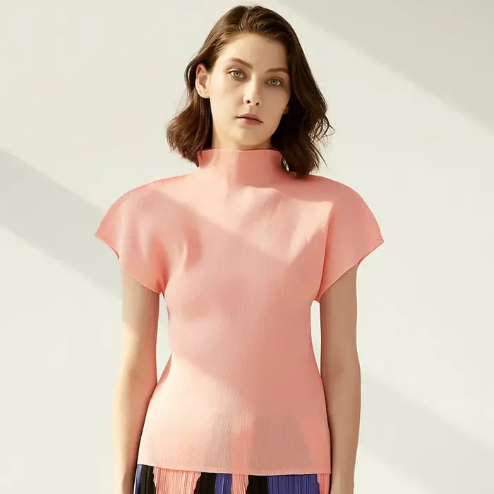 T-shirt minimaliste à col semi-haut pour femme, coupe couvertes, petit haut polyvalent, vêtements concepistes, ata yake, été, nouveau, 2024